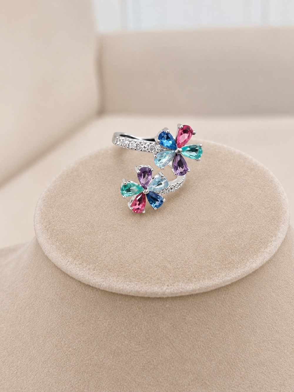 Multi-Color Floral Crystal Open Ring - Women Jewelry
